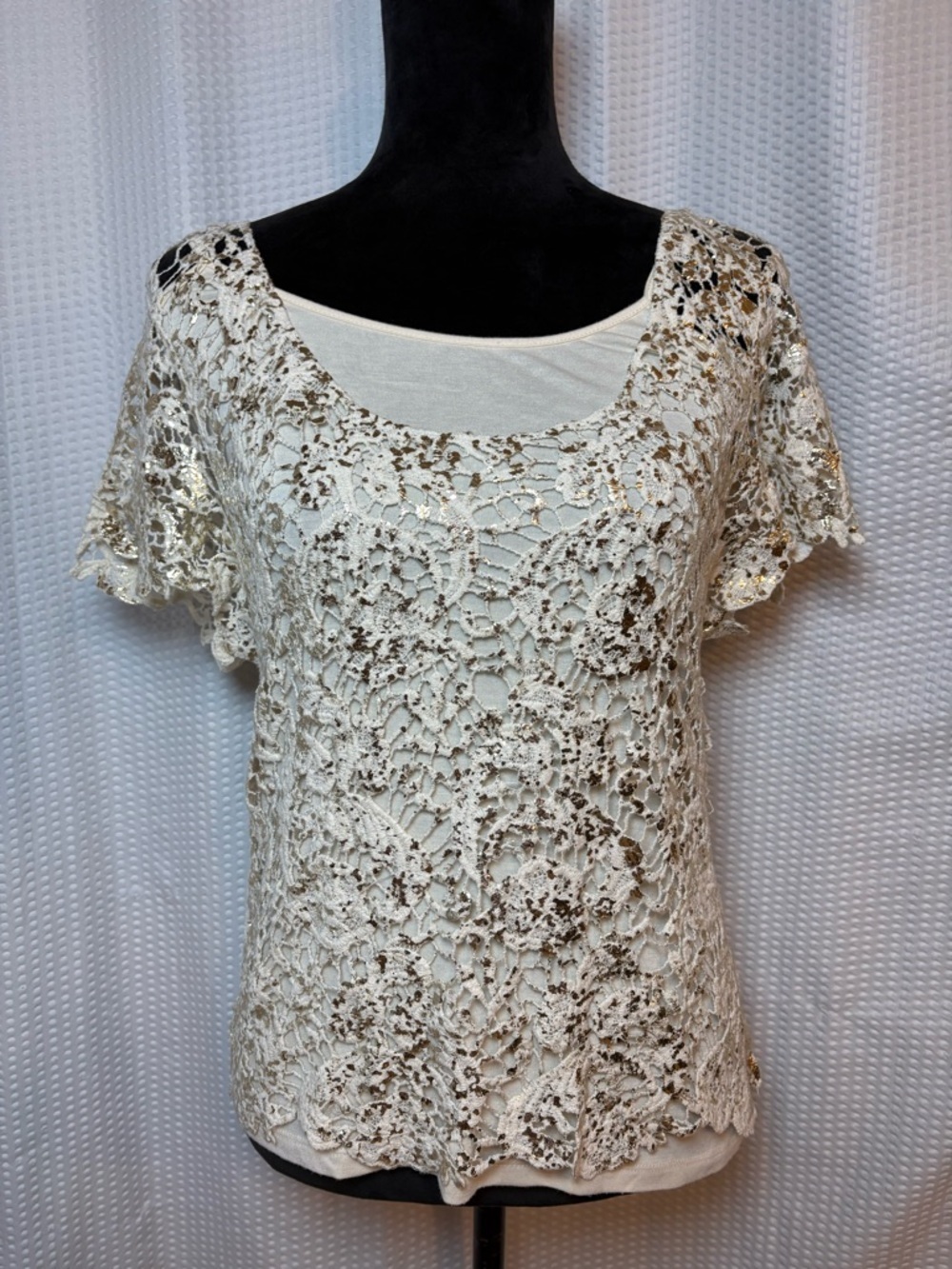 Heart Soul Beige Layered Floral Lace Blouse Gold Accented Mystical Size L NWT